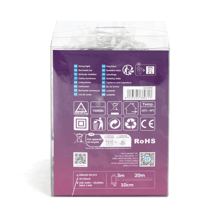 Aigostar - LED kültéri fényfüzér, 200 LED, 8 funkciós, 23 m, IP44, hideg fehér