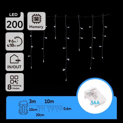 Aigostar - LED kültéri fényfüzér 200xLED/8 funkció 3xAA 13x0,6m IP44 hideg fehér