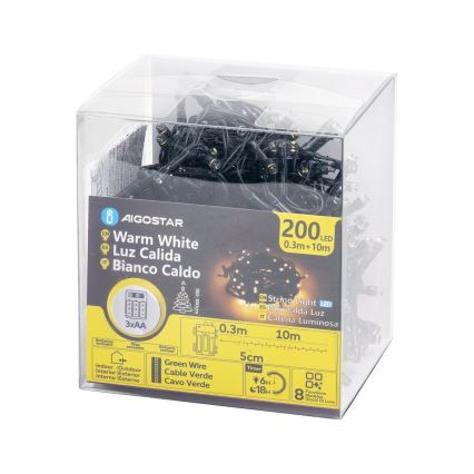 Aigostar - kültéri LED fényfüzér 200xLED/8 funkció 3xAA 10,3m IP44 meleg fehér