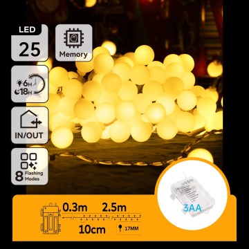 Aigostar-LED Kültéri fényfüzér 25 LED/3×AA/8 funkció 2,8 m IP44 meleg fehér