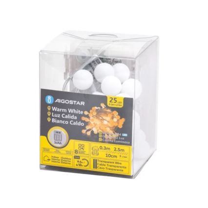 Aigostar-LED Kültéri fényfüzér 25 LED/3×AA/8 funkció 2,8 m IP44 meleg fehér