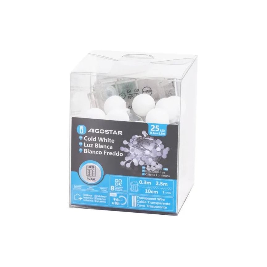Aigostar - LED kültéri fényfüzér 25xLED/3xAA/8 funkciós 2,8 m IP44 hideg fehér