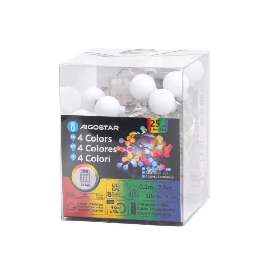 Aigostar - LED kültéri fényfüzér 25xLED/3xAA/8 üzemmód 2,8 m IP44 többszínű