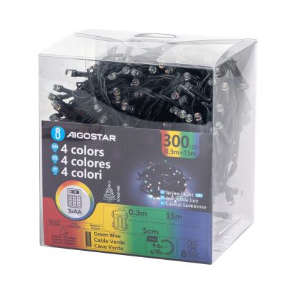 Aigostar - LED kültéri fényfüzér, 300 LED, 8 világítási mód, 3xAA, 15,3 m, IP44, többszínű