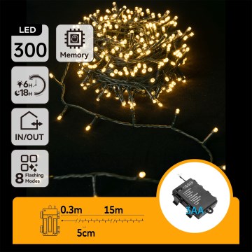 Aigostar-LED Kültéri fényfüzér, 300 LED-es, 8 funkciós, 3×AA, 15,3 m, IP44, meleg fehér