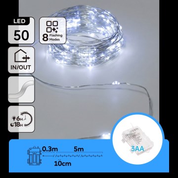 Aigostar - LED kültéri fényfüzér 50xLED/3xAA IP44 5,3 m hideg fehér