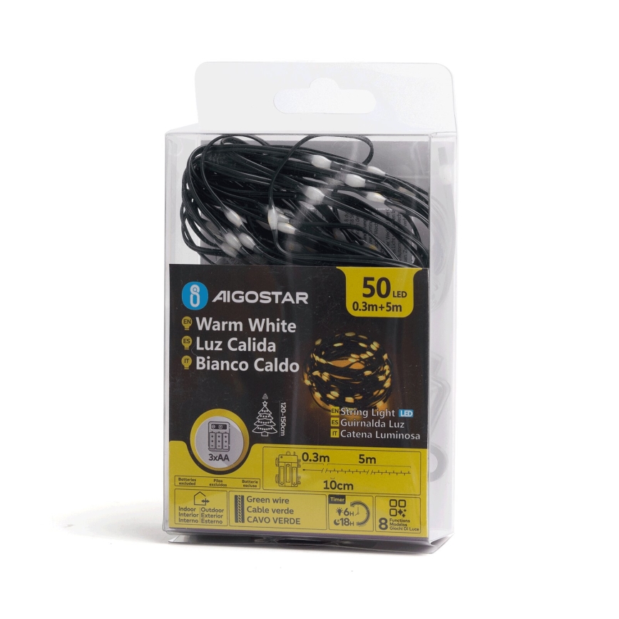 Aigostar - LED Kültéri  fényfüzér 50xLED/8 funkció 3xAA 5,3m IP44 meleg fehér