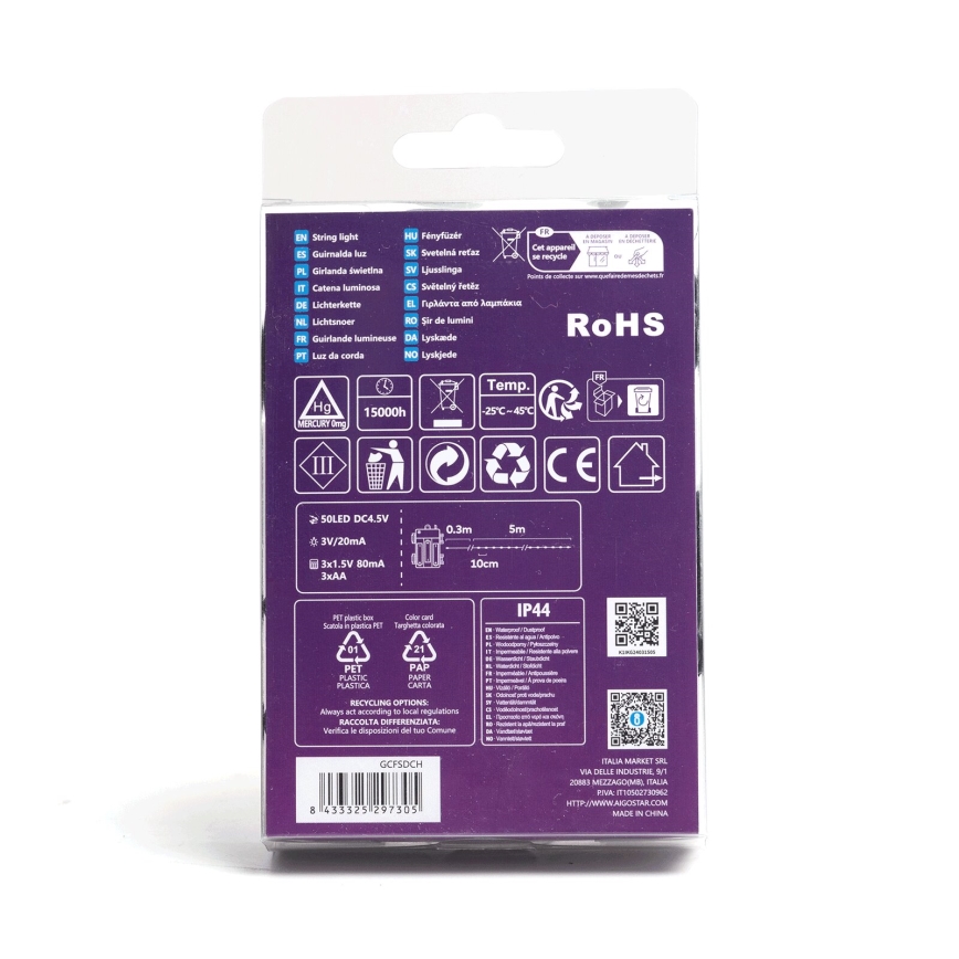 Aigostar - LED Kültéri  fényfüzér 50xLED/8 funkció 3xAA 5,3m IP44 meleg fehér