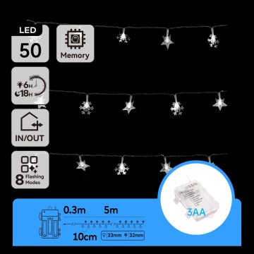 Aigostar - LED kültéri fényfüzér 50xLED/8 funkciós 3xAA 5 m IP44 hideg fehér