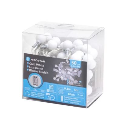Aigostar - LED kültéri fényfüzér 50xLED/3xAA/8 funkciós 5,3 m IP44 hideg fehér