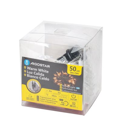 Aigostar - LED kültéri fényfüzér 50×LED / 8 funkció, 8 m, IP44, meleg fehér