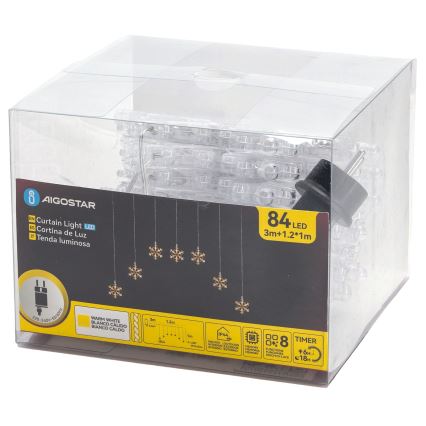 Aigostar - LED kültéri fényfüzér, 84×LED, 8 funkció, 1,2×1 m, IP44, meleg fehér, hópelyhek