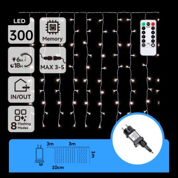 Aigostar - LED kültéri füzér, 300 LED, 8 funkciós, 3×1 m, IP44, hideg fehér, távirányítóval