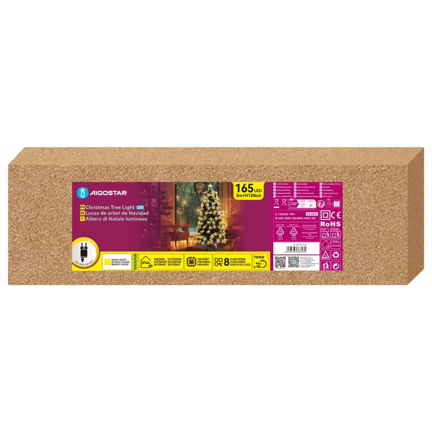 Aigostar - LED kültéri karácsonyfa 165 LED/8 funkció 1,5 m IP44 meleg fehér