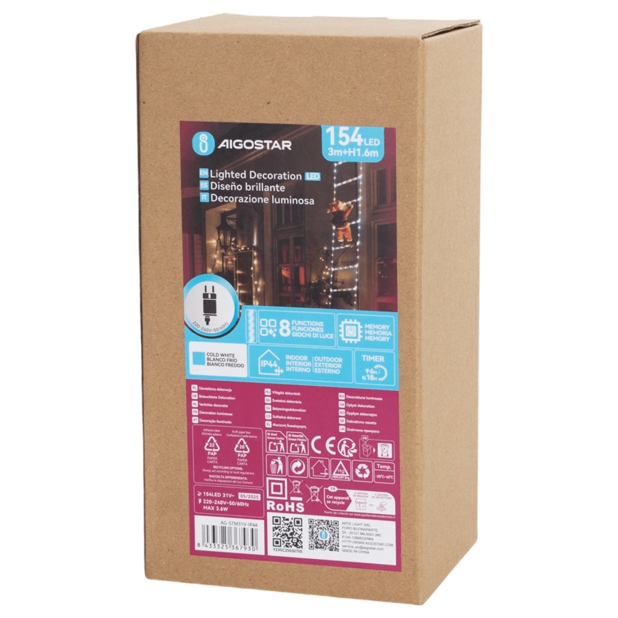 Aigostar - LED kültéri karácsonyi dekoráció, 154 LED, 8 funkciós, 1,6 m, IP44, hideg fehér