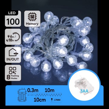 Aigostar - LED kültéri karácsonyi fényfüzér 100 LED/3xAA/8 világítási mód, 10,3 m, IP44, hideg fehér