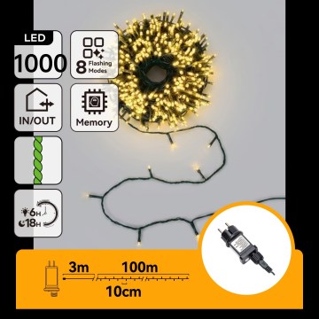 Aigostar - LED kültéri karácsonyi fényfüzér 1000 LED / 8 funkció / 103 m / IP44 / meleg fehér