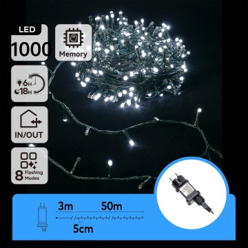 Aigostar - LED kültéri karácsonyi fényfüzér 1000xLED/8 üzemmód 53m IP44 hideg fehér