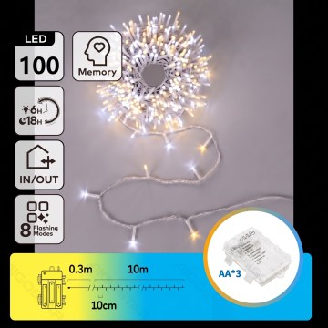 Aigostar - LED kültéri karácsonyi fényfüzér 100xLED/8 funkció 3xAA 10,3m IP44 meleg fehér/hideg fehér