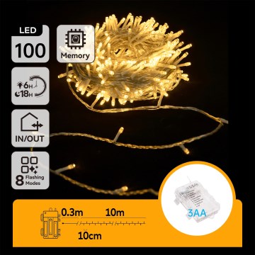 Aigostar -LED Kültéri karácsonyi fényfüzér 100xLED/8 funkciós 3xAA 10,3m IP44 meleg fehér