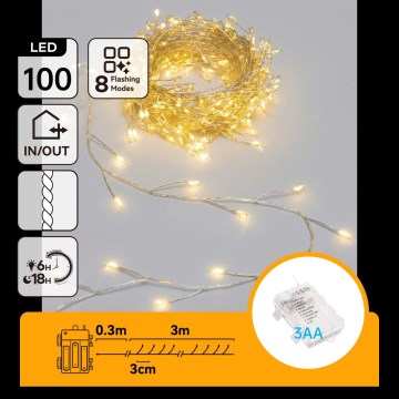 Aigostar - LED kültéri karácsonyi fényfüzér 100xLED/8 funkciós 3xAA 3,3m IP44 meleg fehér