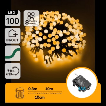 Aigostar - LED kültéri karácsonyi fényfüzér 100xLED/8 üzemmód 3xAA 10,3m IP44 meleg fehér