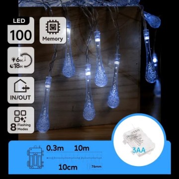 Aigostar - LED kültéri karácsonyi fényfüzér 100xLED/8 üzemmód 3xAA 10m IP44 hideg fehér, csepp alakú