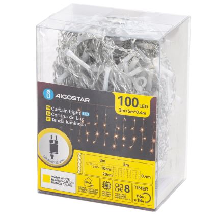 Aigostar - LED kültéri karácsonyi fényfüzér 100xLED/8 világítási mód 5x0,4m IP44 meleg fehér