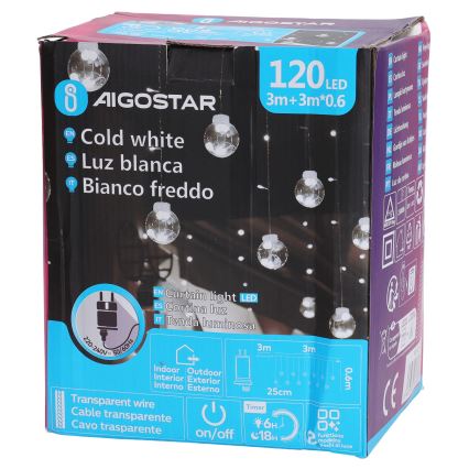 Aigostar - LED kültéri fényfüzér 120 LED/8 üzemmód 3x0,6m IP44 hideg fehér + távirányító