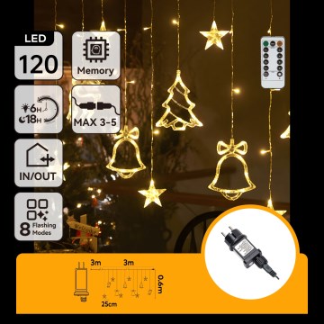 Aigostar - LED kültéri karácsonyi fényfüzér 120xLED/8 funkciós 3x0,6m IP44 meleg fehér + távirányító