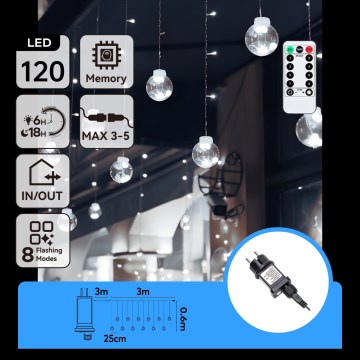 Aigostar - LED kültéri karácsonyi fényfüzér 120xLED/8 üzemmód 3x0,6m IP44 hideg fehér + távirányító