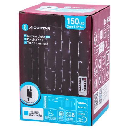Aigostar - Kültéri LED karácsonyi fényfüzér 150 LED/6W/230V/8 üzemmód 1,5×1 m IP44 hideg fehér + távirányító