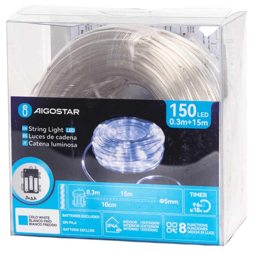 Aigostar - LED kültéri karácsonyi fényfüzér 150xLED/8 funkció 3xAA 15,3m IP44 hideg fehér