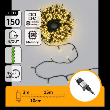 Aigostar - LED kültéri karácsonyi fényfüzér 150xLED/8 üzemmód 18m IP44 meleg fehér