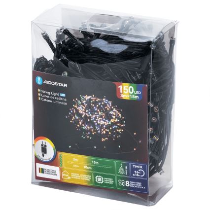 Aigostar - LED Kültéri karácsonyi fényfüzér 150xLED/8 világítási mód 18m IP44 többszínű