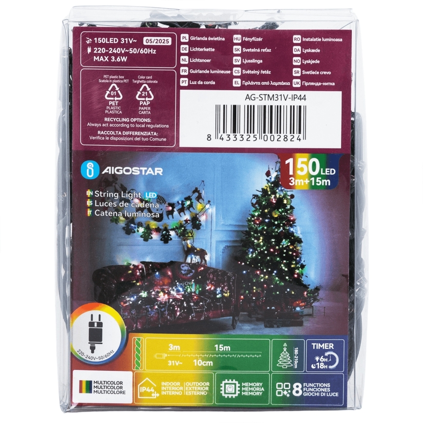 Aigostar - LED Kültéri karácsonyi fényfüzér 150xLED/8 világítási mód 18m IP44 többszínű