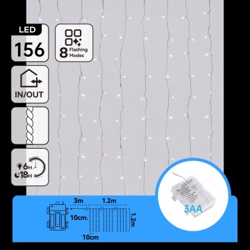 Aigostar - LED kültéri karácsonyi fényfüzér 156xLED/8 funkció 3xAA 4,2x1,2m IP44 hideg fehér