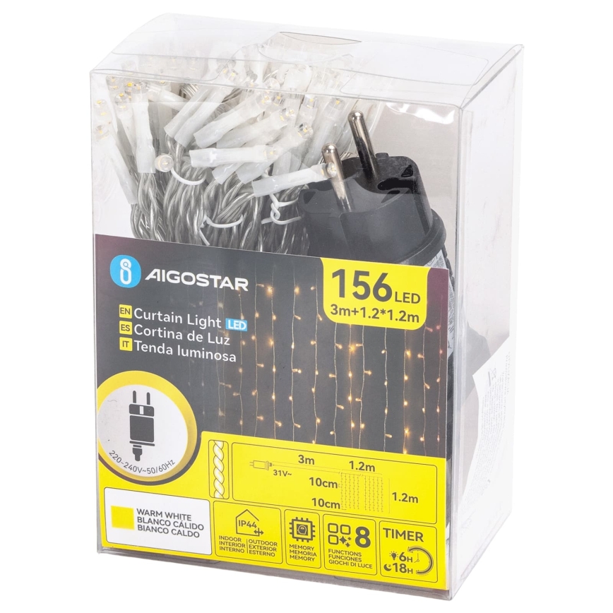 Aigostar - LED kültéri karácsonyi fényfüzér 156xLED/8 világítási mód 4,2x1,2m IP44 meleg fehér