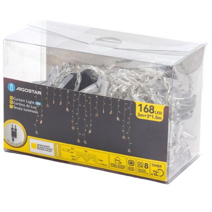 Aigostar - LED kültéri karácsonyi fényfüzér 168 LED / 8 üzemmód, 3 x 1,5 m, IP44, meleg fehér, csillagok