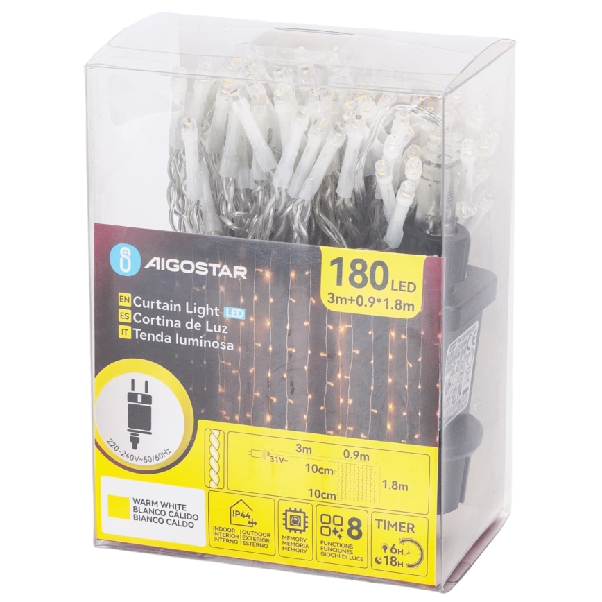 Aigostar - LED kültéri karácsonyi fényfüzér 180xLED/8 üzemmód 3,9x1,8m IP44 meleg fehér