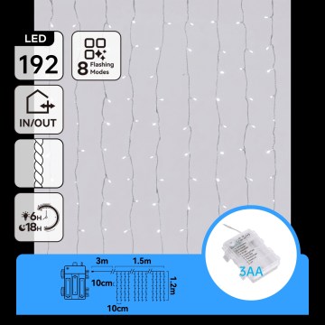 Aigostar - LED kültéri karácsonyi fényfüzér 192xLED/8 funkciós 3xAA 4,5x1,2m IP44 hideg fehér