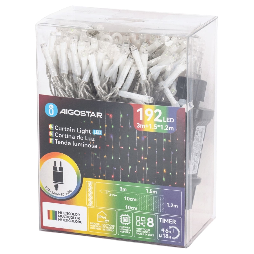 Aigostar - LED kültéri karácsonyi fényfüzér 192xLED/8 funkciós 4,5x1,2m IP44 többszínű