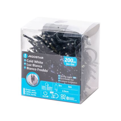 Aigostar - LED kültéri karácsonyi fényfüzér, 200 LED, 8 funkció, 8 m, IP44, hideg fehér