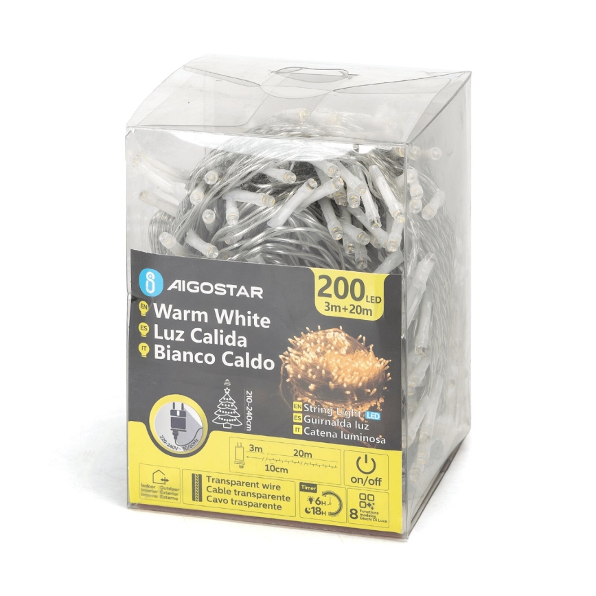 Aigostar - LED kültéri karácsonyi fényfüzér 200 LED/8 üzemmód 23 m IP44 meleg fehér