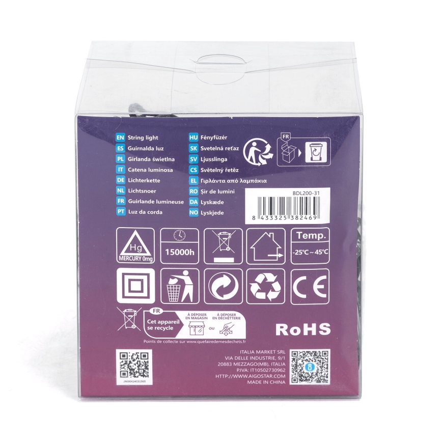 Aigostar - LED kültéri karácsonyi fényfüzér, 200 LED, 8 világítási mód, 13 m, IP44, meleg fehér