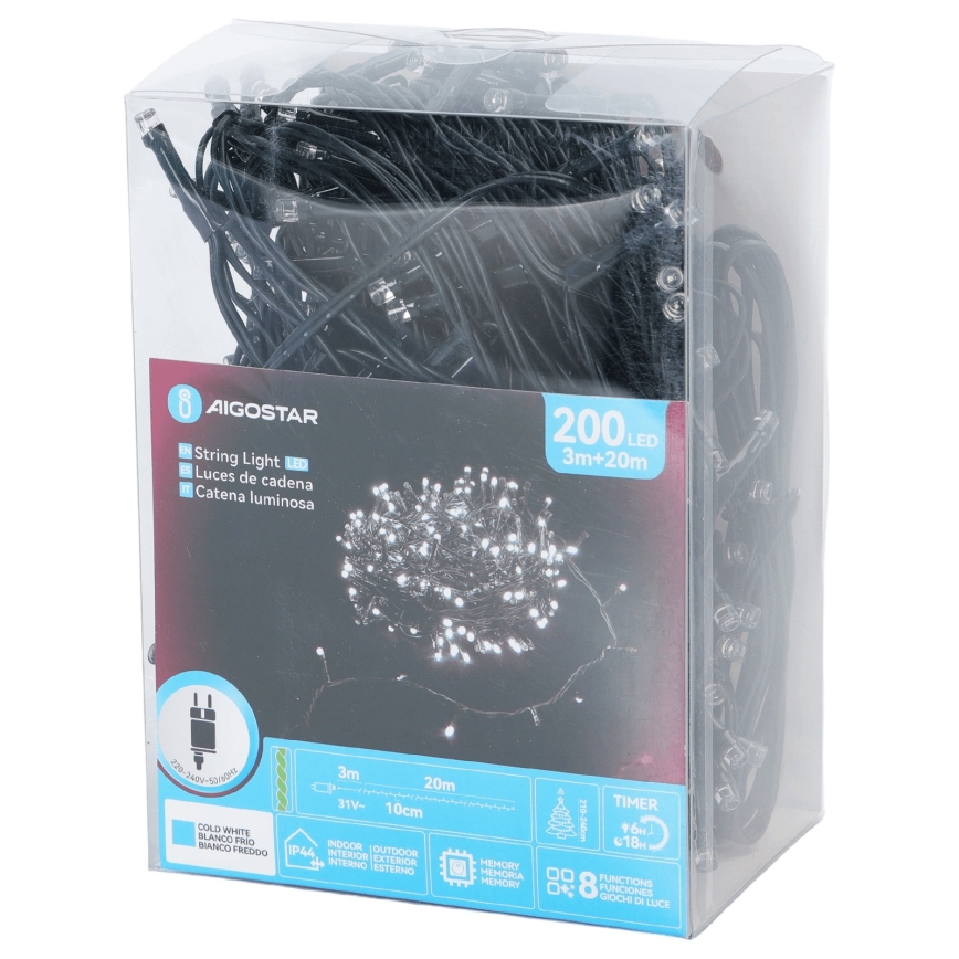 Aigostar - LED kültéri karácsonyi fényfüzér 200 LED/8 üzemmód 20 m IP44 hideg fehér