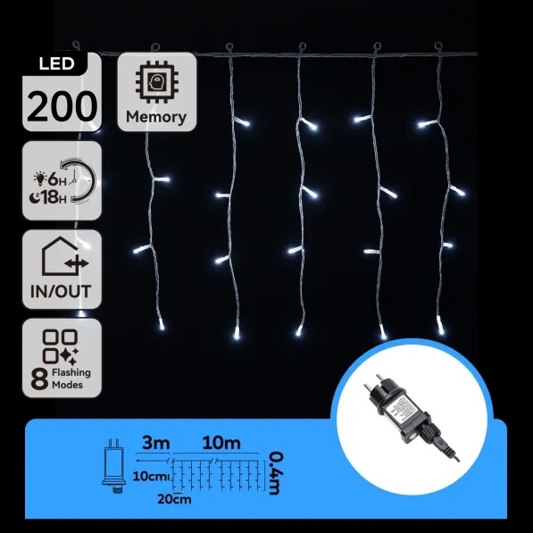 Aigostar - LED kültéri karácsonyi fényfüzér 200xLED/3,6W/230V/8 funkciós 10x0,4m IP44 hideg fehér