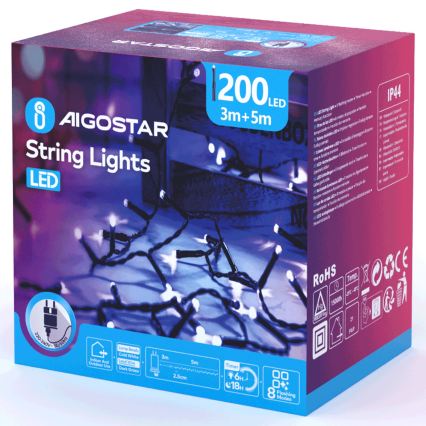 Aigostar - LED kültéri karácsonyi fényfüzér 200xLED/8 funkció 8m IP44 hideg fehér