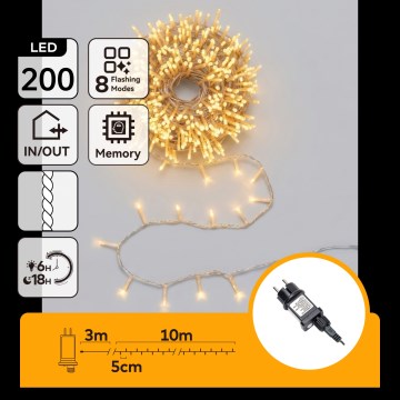 Aigostar - LED kültéri karácsonyi fényfüzér 200xLED/8 üzemmód 13m IP44 meleg fehér