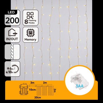 Aigostar - LED kültéri karácsonyi fényfüzér 200xLED/8 üzemmód 3xAA 5x2m IP44 meleg fehér
